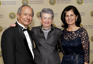 A photo of Adele Corvin with President Les Wong and Phyllis Wong.